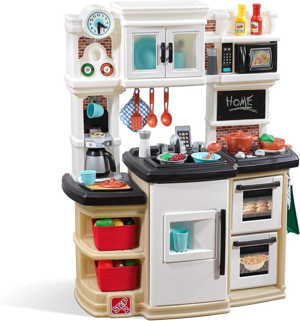 Step2 Great Gourmet Kids Kitchen Playset, Indoor/Outdoor Kitchenette, Interactive Play with Lights and Sounds, Made of Durable Plastic, Includes 33 Piece Toy Accessories, Toddlers 3+ Years Old, Tan