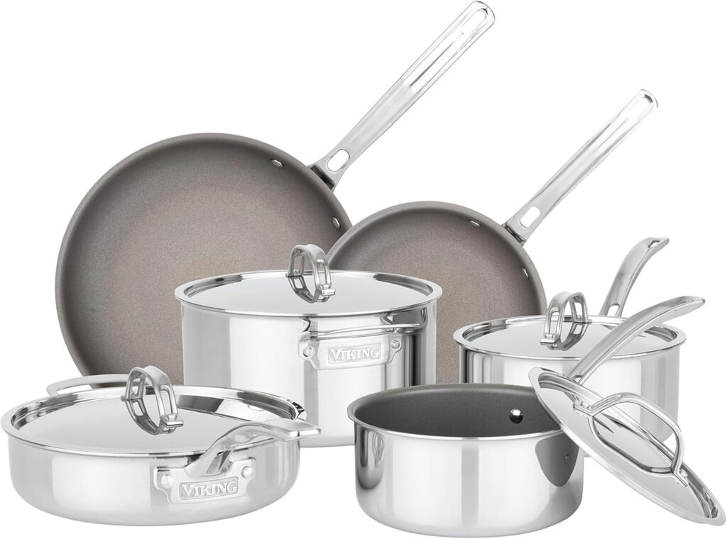Viking PureGlide Pro 3-Ply Nonstick Cookware Set, Made without PFAS, 10-Piece Induction Pots and Pans Set, Metal Utensil Safe Titanium Nonstick Surface, Oven Safe to 600F